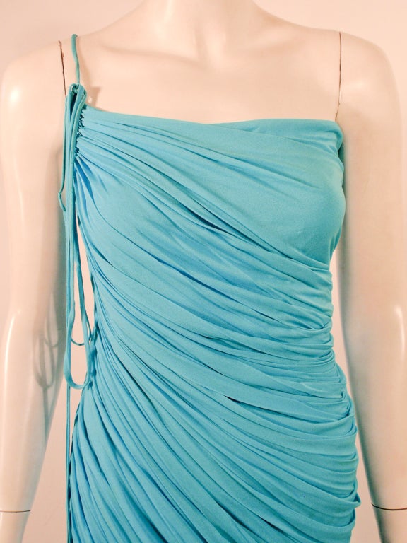 Halston Turquoise Blue Draped Jersey Evening Gown w/ 1 Shoulder Strap 2