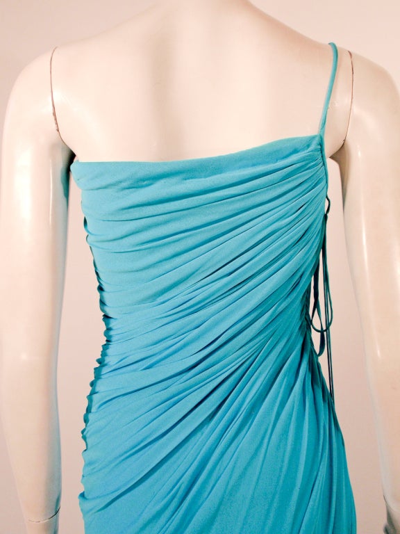 Halston Turquoise Blue Draped Jersey Evening Gown w/ 1 Shoulder Strap 3