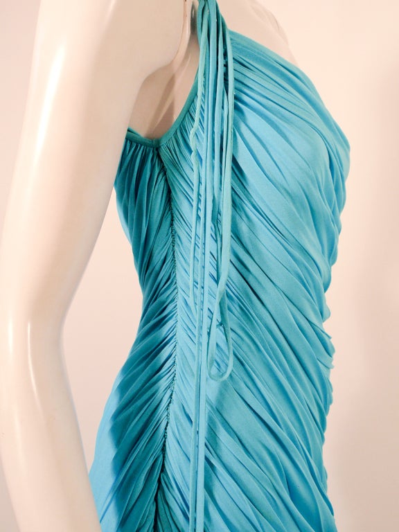 Halston Turquoise Blue Draped Jersey Evening Gown w/ 1 Shoulder Strap 4