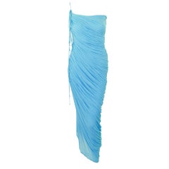 Vintage Halston Turquoise Blue Draped Jersey Evening Gown w/ 1 Shoulder Strap
