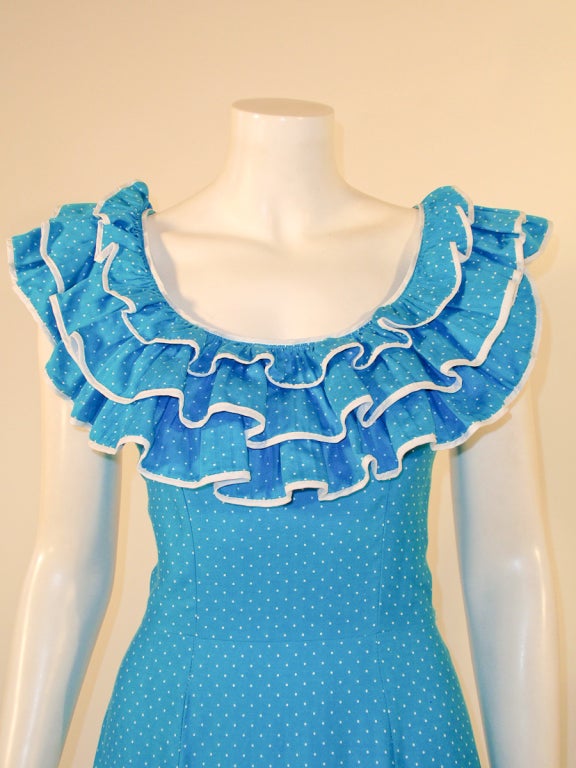 Women's Yves Saint Laurent adapted by Alexander's Blue White Polka Dot Ruffle Gown 4 For Sale
