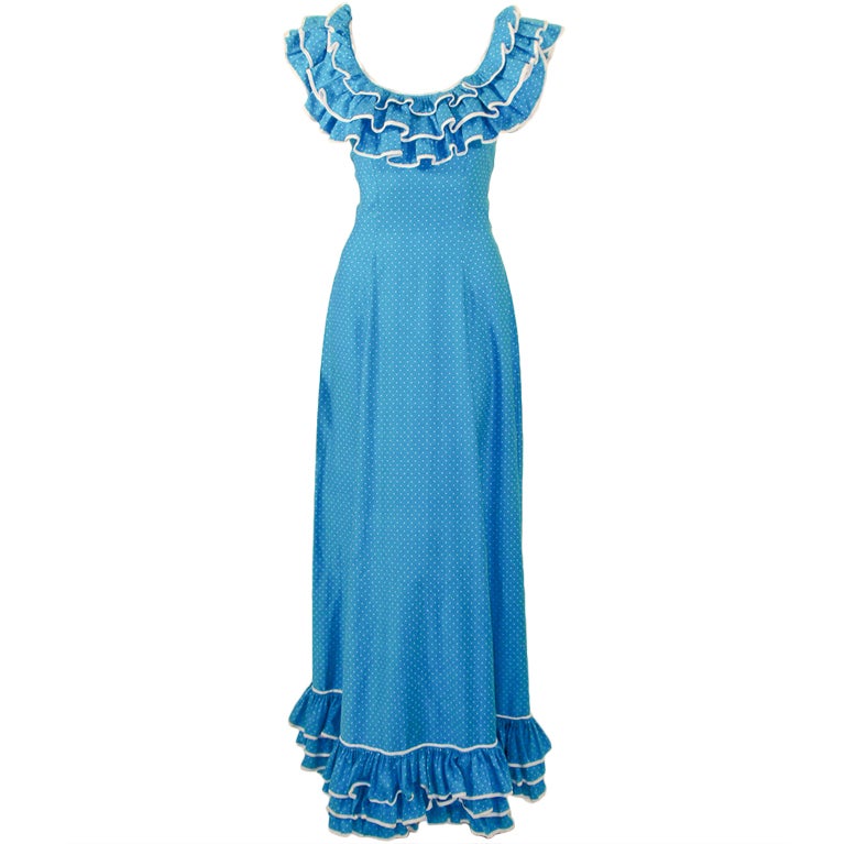 Yves Saint Laurent adapted by Alexander's Blue White Polka Dot Ruffle Gown 4 For Sale