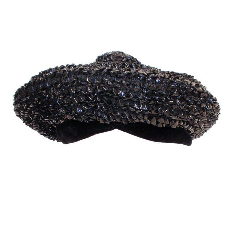 Christian Dior Chapeaux Black Woven Straw Beret w/ Velvet Band 22cm