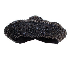 Christian Dior Chapeaux Black Woven Straw Beret w/ Velvet Band 22cm