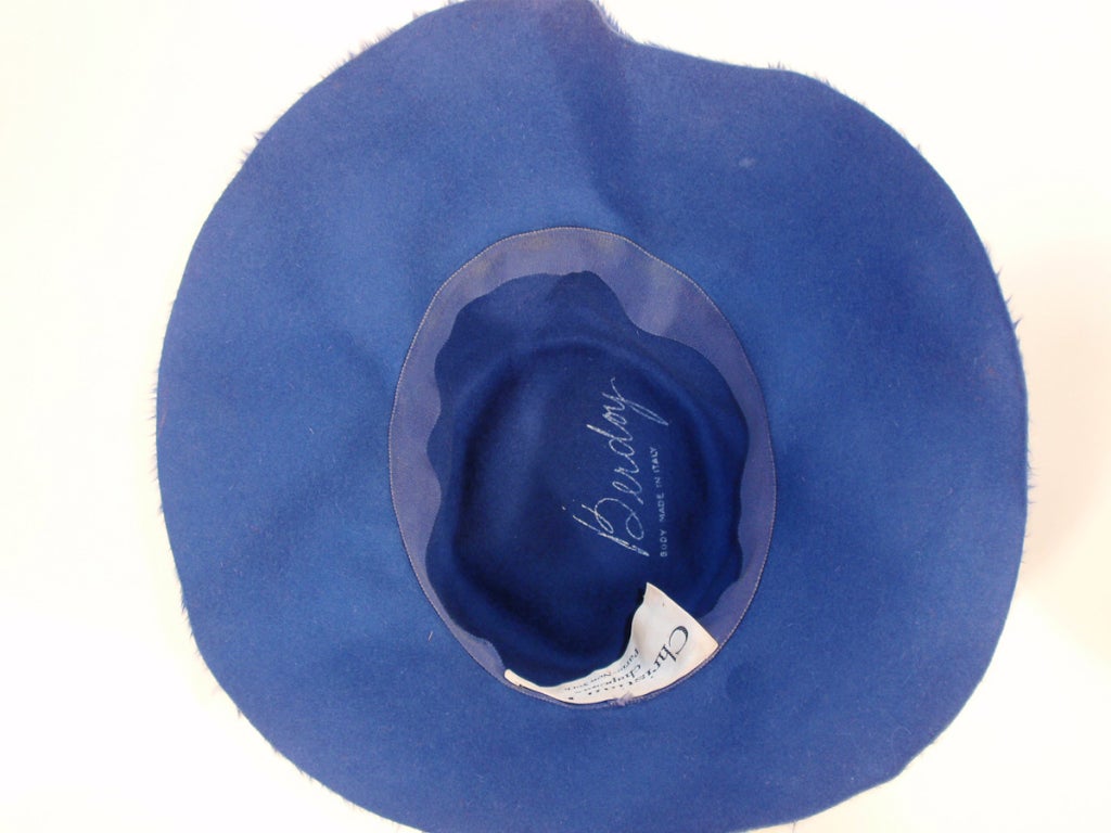 Purple Christian Dior Chapeaux Blue Fur Wide Brim Hat w/ Ribbon Detail