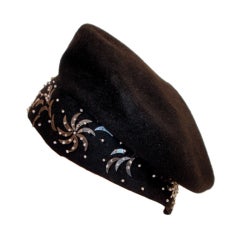 1940's Hattie Carnegie Black Felt Abstract Hat White Beads & Gold Paillettes