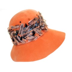Vintage Christian Dior Chapeaux Orange Floppy Hat w/ Feathers, Yarn, & Beads