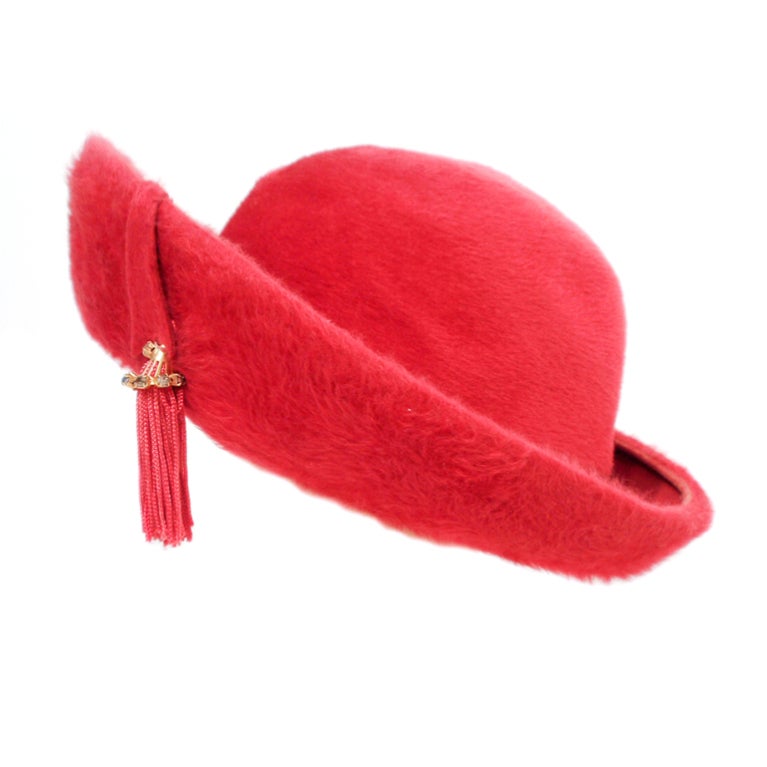 Schiaparelli Paris Pink Fur felt breton hat with Rhinestones and Tassel