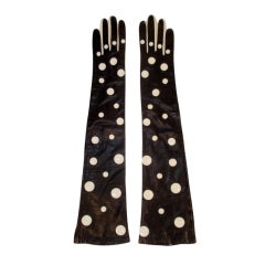 Pierre Cardin Long Black Leather Gloves w/ White Polka Dots