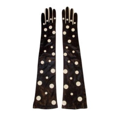 Vintage Pierre Cardin Long Black Leather Gloves w/ White Polka Dots