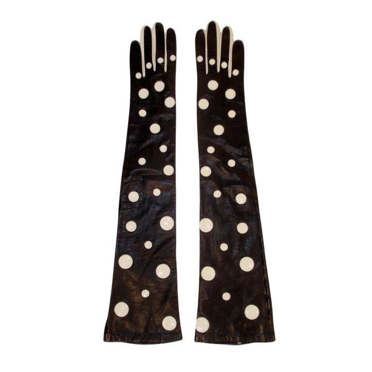 Pierre Cardin Long Black Leather Gloves w/ White Polka Dots