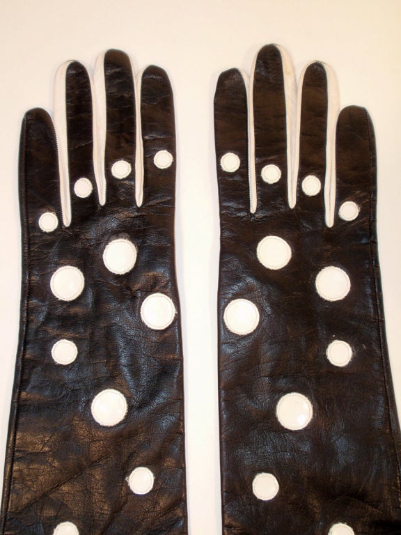 Pierre Cardin Long Black Leather Gloves w/ White Polka Dots 1