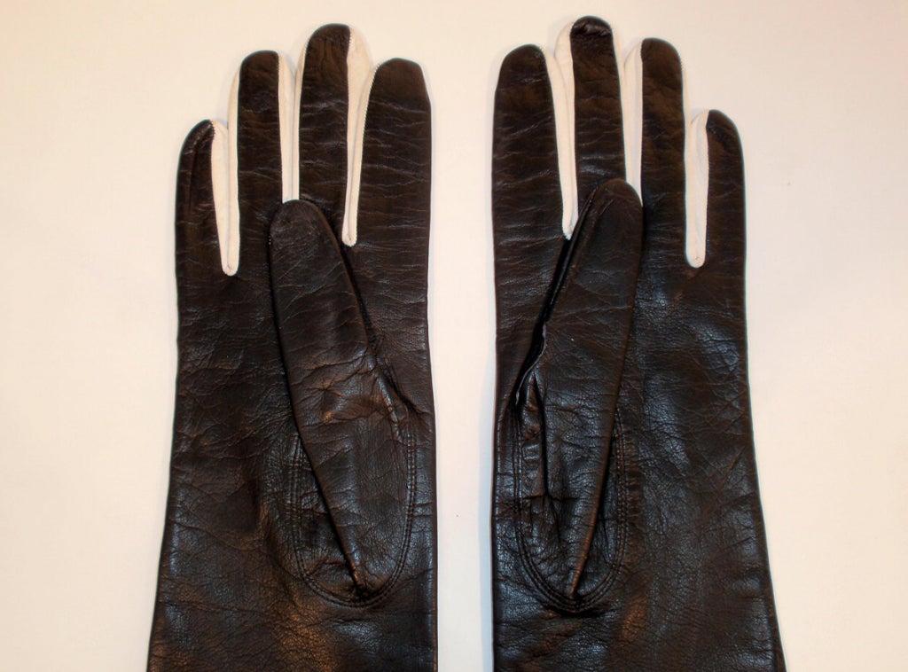 Pierre Cardin Long Black Leather Gloves w/ White Polka Dots 2