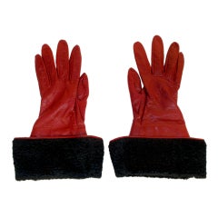 Yves Saint Laurent Red Leather Gloves w/ Persian lamb cuffs