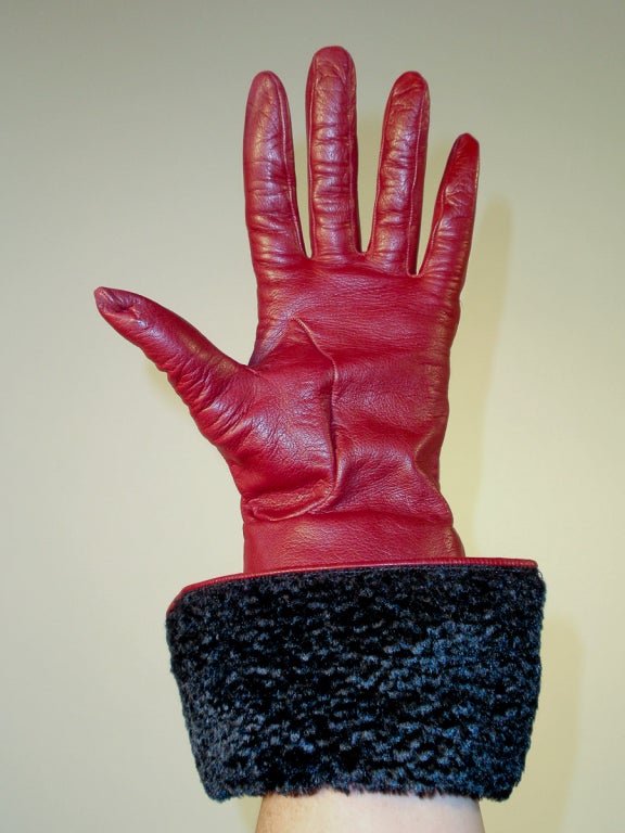 Women's Yves Saint Laurent Red Leather Gloves w/ Persian lamb cuffs