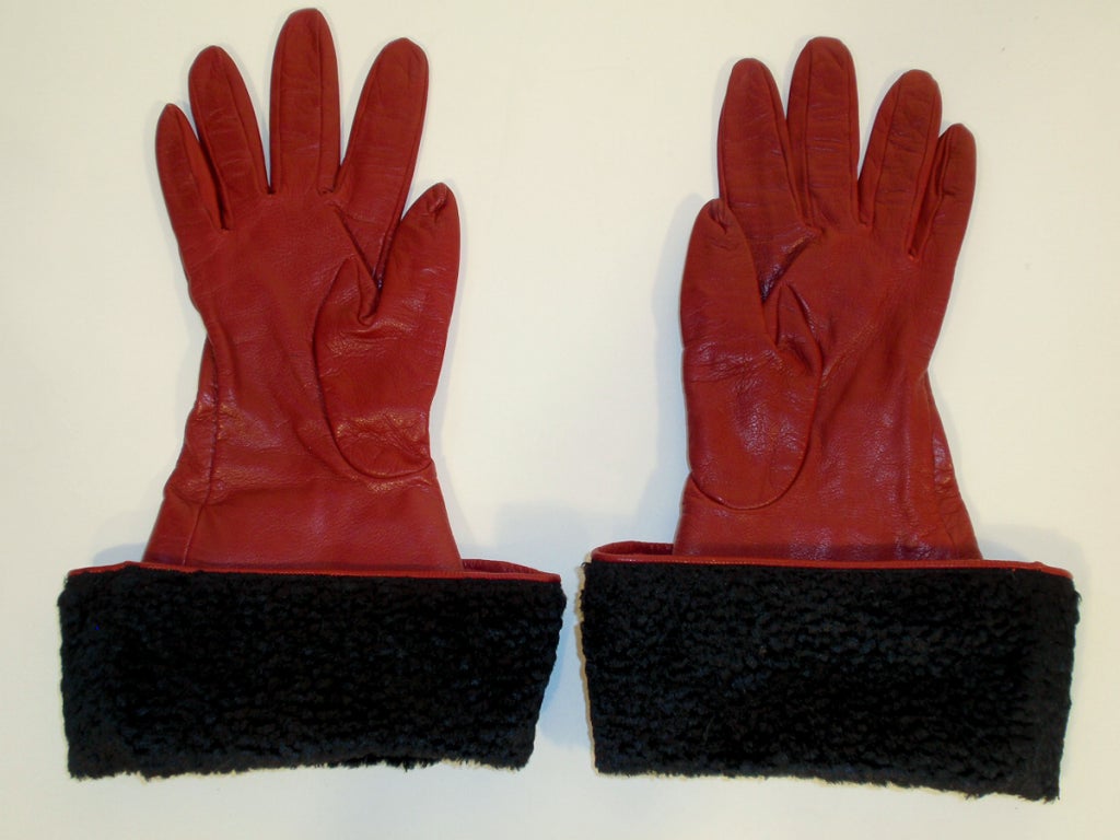 Yves Saint Laurent Red Leather Gloves w/ Persian lamb cuffs 1