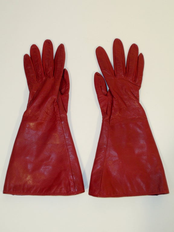 Yves Saint Laurent Red Leather Gloves w/ Persian lamb cuffs 2