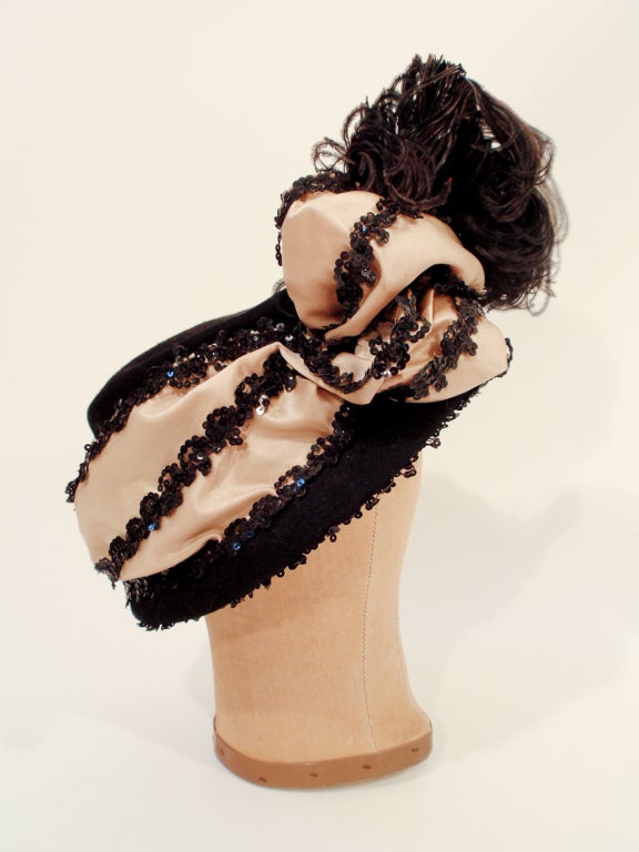 Beige John Frederics Vintage Black Hat w. Ostrich Feathers & Nude Silk Lace Ribbon