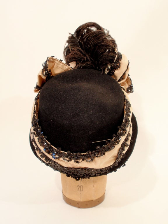 Women's or Men's John Frederics Vintage Black Hat w. Ostrich Feathers & Nude Silk Lace Ribbon