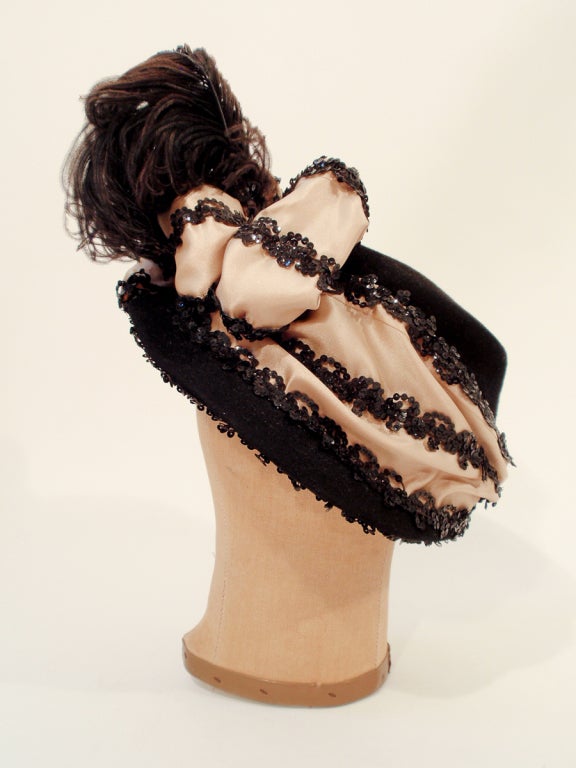 John Frederics Vintage Black Hat w. Ostrich Feathers & Nude Silk Lace Ribbon 1