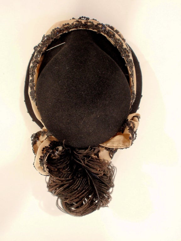 John Frederics Vintage Black Hat w. Ostrich Feathers & Nude Silk Lace Ribbon 2