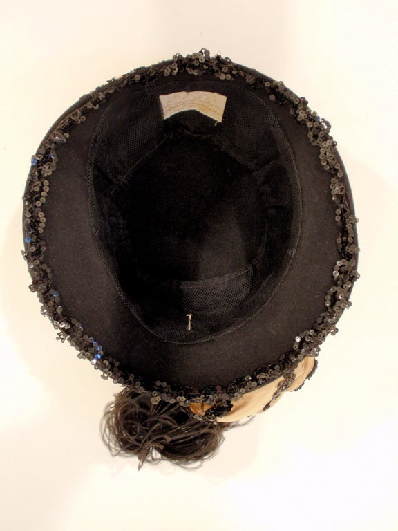John Frederics Vintage Black Hat w. Ostrich Feathers & Nude Silk Lace Ribbon 3