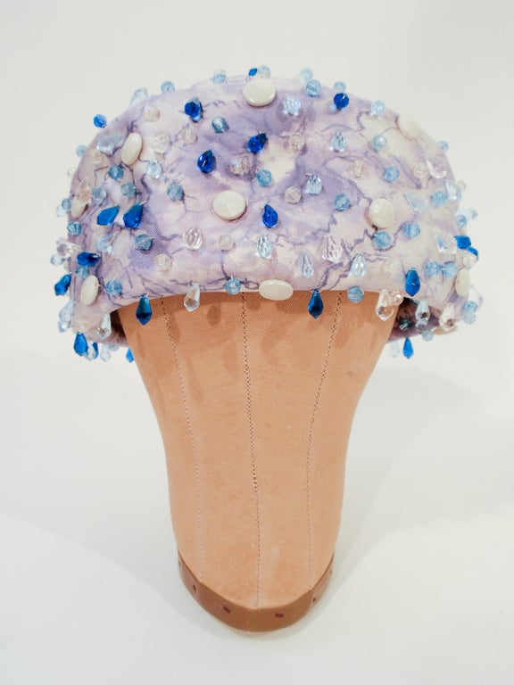 Christian Dior White with Purple Brocade Hat  Blue, White & Crystal Beading In Excellent Condition In Los Angeles, CA