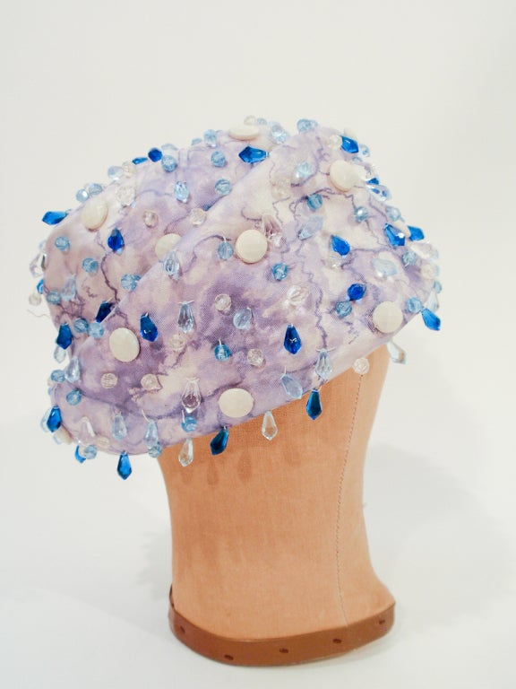 Women's Christian Dior White with Purple Brocade Hat  Blue, White & Crystal Beading