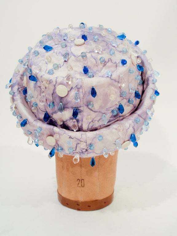 Christian Dior White with Purple Brocade Hat  Blue, White & Crystal Beading 1