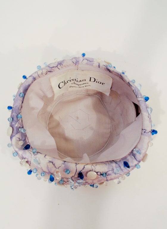 Christian Dior White with Purple Brocade Hat  Blue, White & Crystal Beading 3