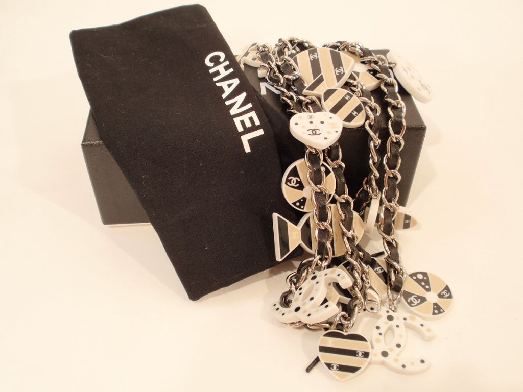 Chanel Chain and Leather Belt w/ Plastic Logo Charms 2