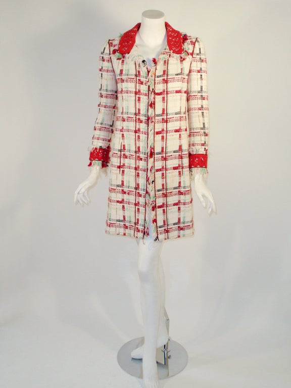 Chanel Cream Boucle Coat w/ Red Plaid & Crochet Collar & Cuffs