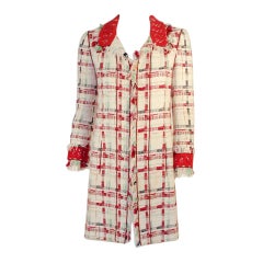 Chanel Cream Boucle Coat w/ Red Plaid & Crochet Collar & Cuffs