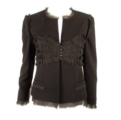 Chanel Black Wool Crepe Fitted Jacket w/ Chiffon Rusching