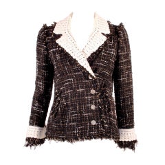 Chanel Black Boucle Wool Jacket w/ White Fleck Plaid