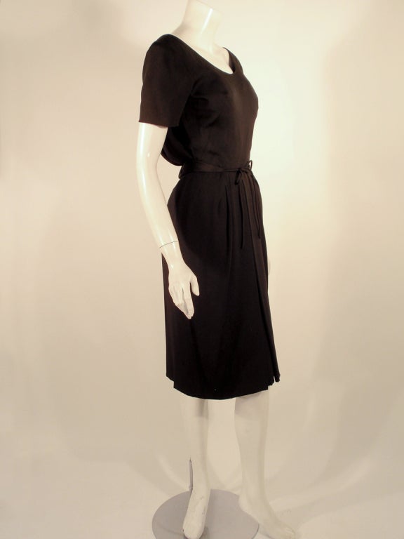 Helen Rose Vintage Black Short Sleeve Cocktail Dress w/ Tie Belt In Excellent Condition For Sale In Los Angeles, CA
