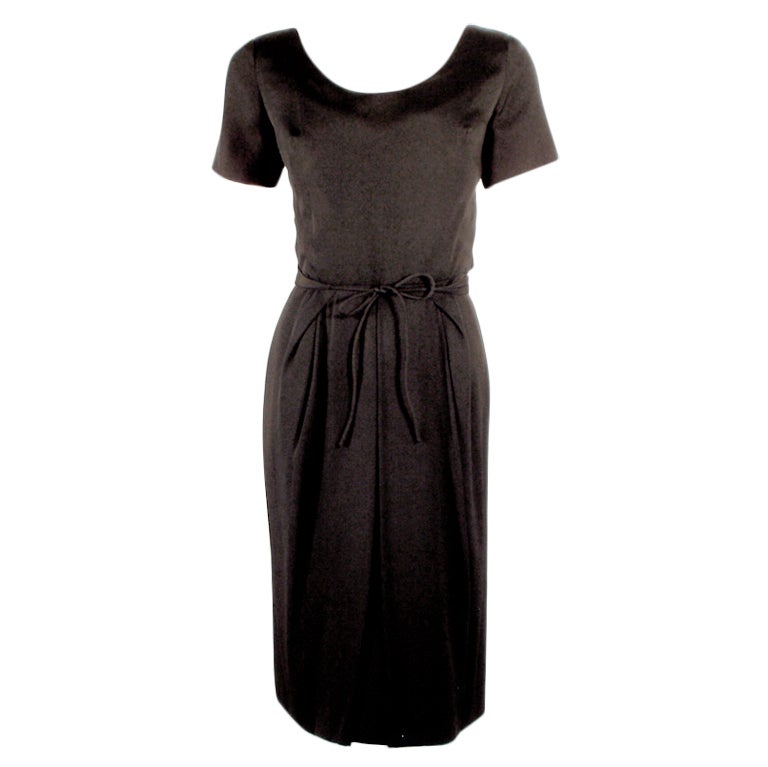 Helen Rose Vintage Black Short Sleeve Cocktail Dress w/ Tie Belt For Sale