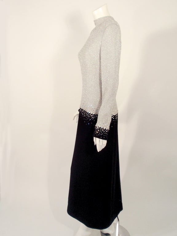 Pauline Trigere Silver & Black Evening Gown w/ Rhinestone Detail In Excellent Condition For Sale In Los Angeles, CA