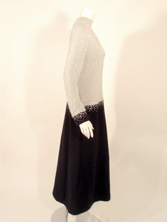 Pauline Trigere Silver & Black Evening Gown w/ Rhinestone Detail For Sale 1