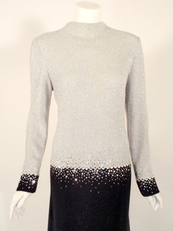 Pauline Trigere Silver & Black Evening Gown w/ Rhinestone Detail For Sale 2