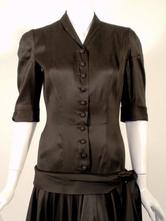 Traina Norell Black Satin Cocktail Dress, Drop Waist & Full Skirt xs For Sale 1