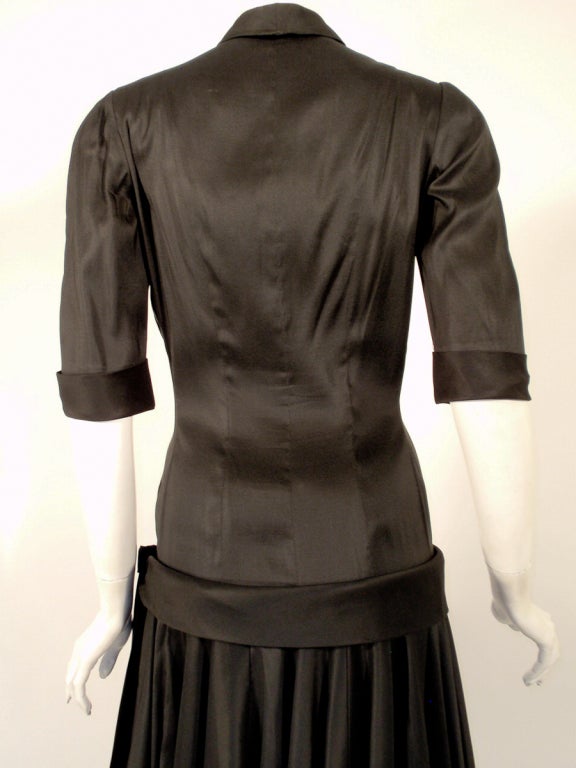 Traina Norell Black Satin Cocktail Dress, Drop Waist & Full Skirt xs For Sale 2