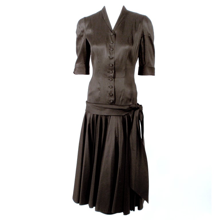Traina Norell Black Satin Cocktail Dress,Drop Waist & Full Skirt xs