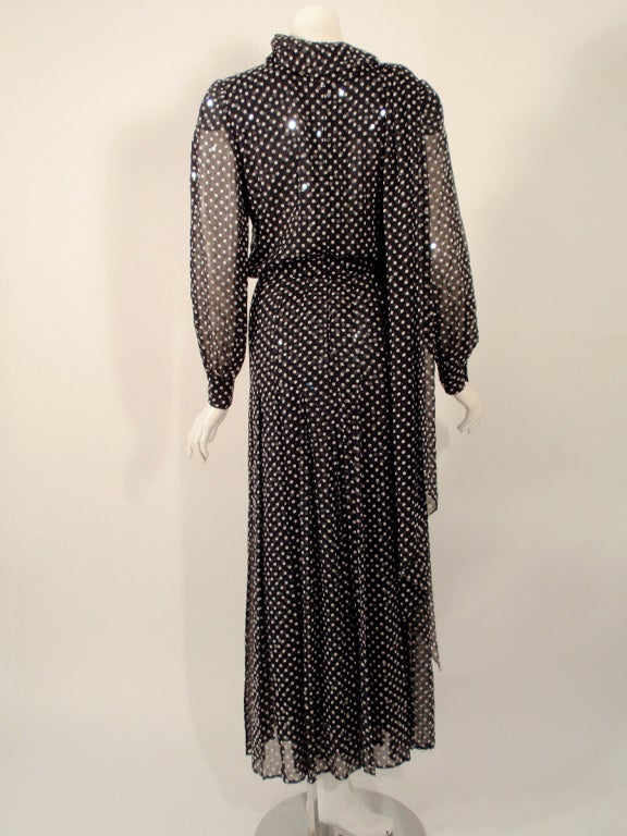 Black Andre Laug Navy & White Polka Dot Sequin Chiffon Gown, w/ Matching Scarf sz 4 For Sale