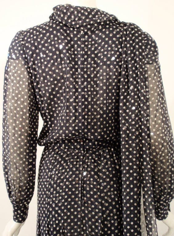 Andre Laug Navy & White Polka Dot Sequin Chiffon Gown, w/ Matching Scarf sz 4 For Sale 1