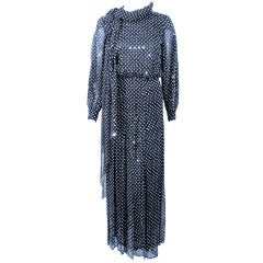 Andre Laug Navy & White Polka Dot Sequin Chiffon Gown, w/ Matching Scarf sz 4