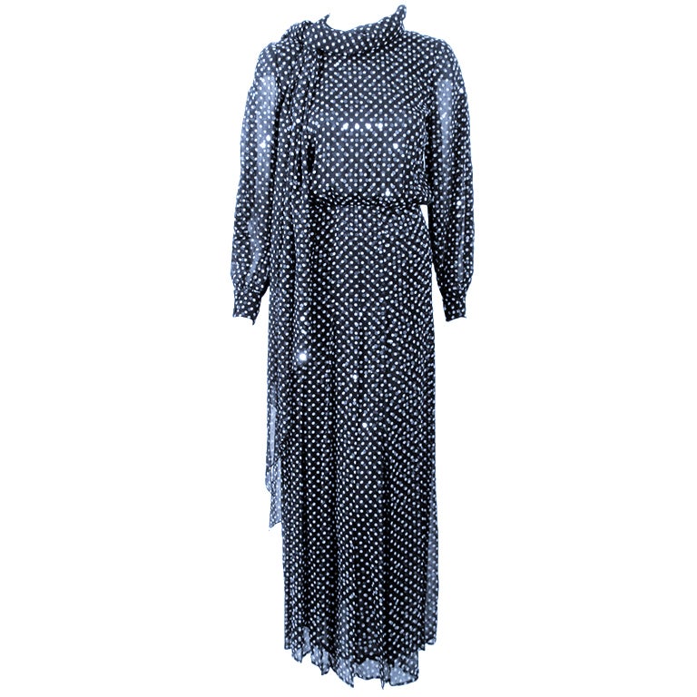 Andre Laug Navy & White Polka Dot Sequin Chiffon Gown, w/ Matching Scarf sz 4 For Sale