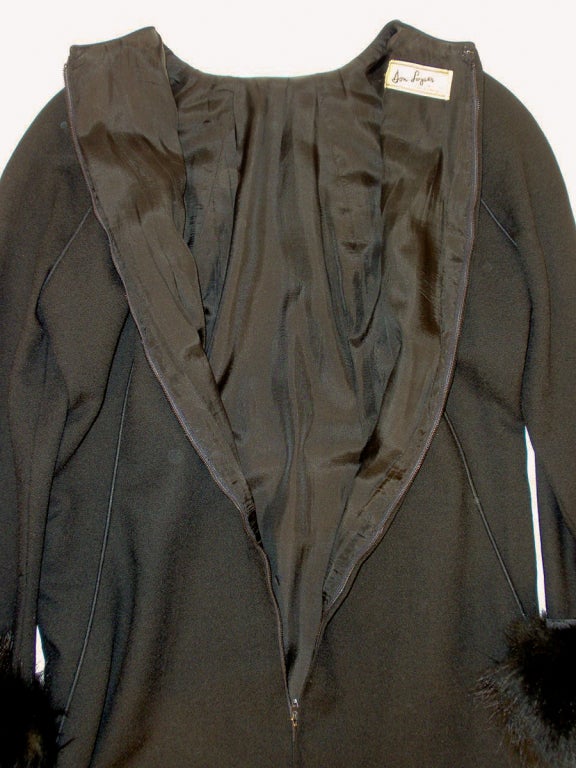 Don Loper Black Long Sleeve Wool Back Zip Dress Fur Cuffs & Side Slit Size 6 For Sale 1