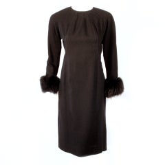 Don Loper Black Long Sleeve Wool Back Zip Dress Fur Cuffs & Side Slit Size 6 6