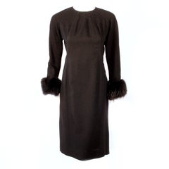 Don Loper Black Long Sleeve Wool Back Zip Dress Fur Cuffs & Side Slit Size 6